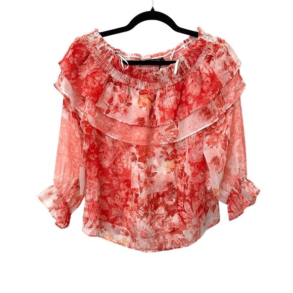 ZARA‎ Floral Chiffon Off Shoulder Blouse Pink XS - Picture 1 of 3